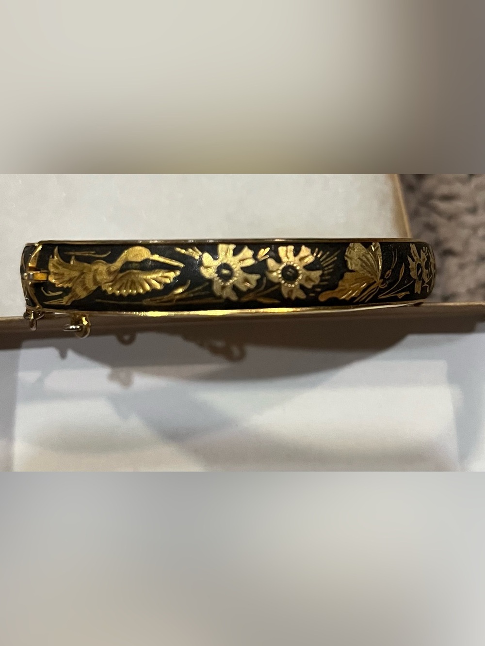 Black and Gold Hinged Enamel Bangle Bracelet